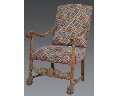 French style beechwood elbow chair, a machine made tapestry style upholstery, carved open arms, hairy lion paw feet, width 67