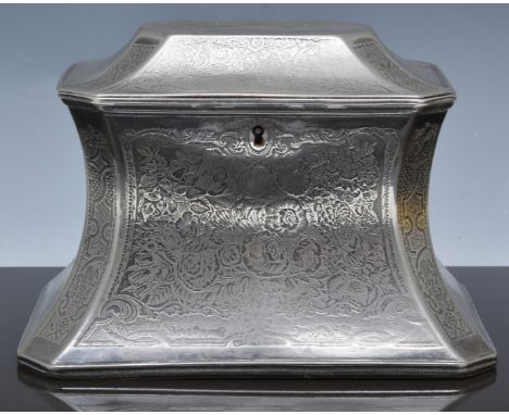Victorian Britannia metal tea caddy, basket form, floral decoration, hinged lid enclosing two compartments with satin walnut 