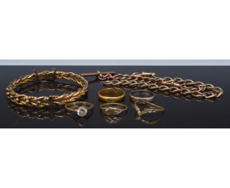 Two 9ct gold chain link bracelets, a yellow metal hinged bangle, double twist, dress rings etc.
