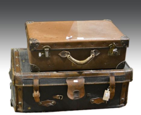 Vintage cloth and brown leather trunk, and another suitcase (2).