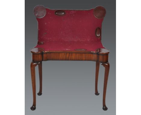 George II mahogany card table, shaped fold over top, baize lined interior, plain frieze on cabriole legs, width 85cm.