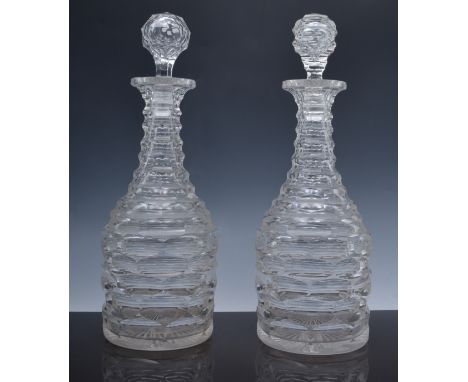 Pair of Victorian faceted lead crystal, mallet shaped decanters, stoppers, 35cm, a pedestal decanter and a liquor decanter (4