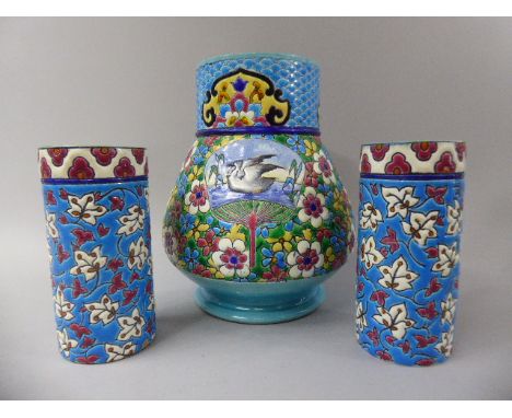 A French Longwy Baluster Vase. 18cm High and a Pair of Cylindrical Spill Vases. 12cm High