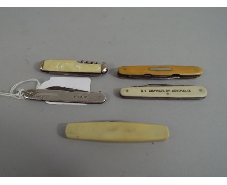 A Silver Pen Knife with Engine Turned Decoration, Sheffield Hallmark together with Four Assorted Pen Knives, One which is ins