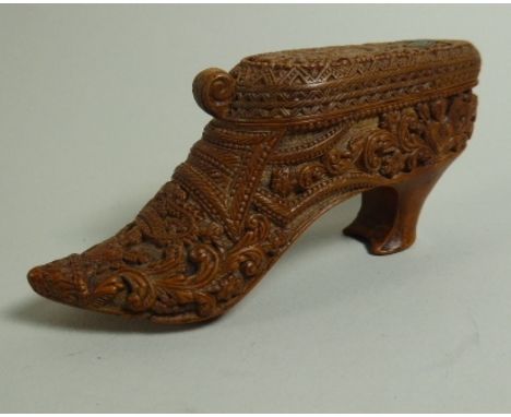 A Finely Carved 19th Century Novelty Snuff Box Modelled as a Ladies Shoe. 11.5cm Long