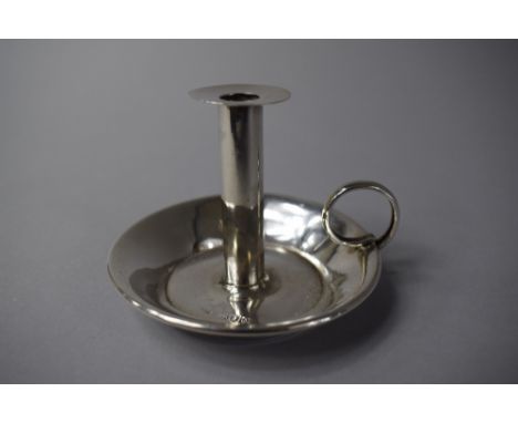 A Miniature Silver Bed Chamber Stick with Circular Tray. 8cms Diameter. London Hallmark