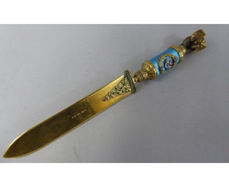 A Russian Silver Guilloche Enamel Letter Opener with Blue Handle and Elephant Finial. Jewelled Banding and Double Headed Eagl