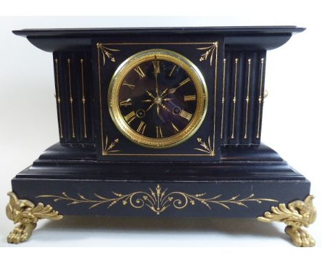 A French Ormolu Mounted Black Slate Mantel Clock of Architectural Form. Gilt Decoration and Lion Mask Handles.