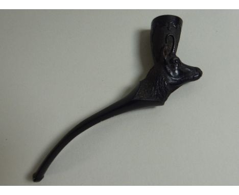 A Small Ebonised Pipe with Carved Antelope Head Support to Bowl. 11cm Long