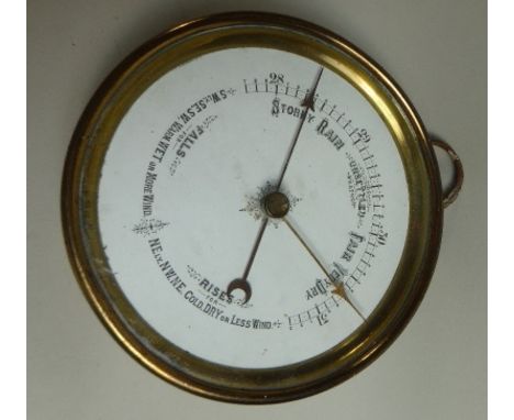 A Circular Brass Cased Aneroid Barometer with Hanging Ring. 12.5cm Diameter