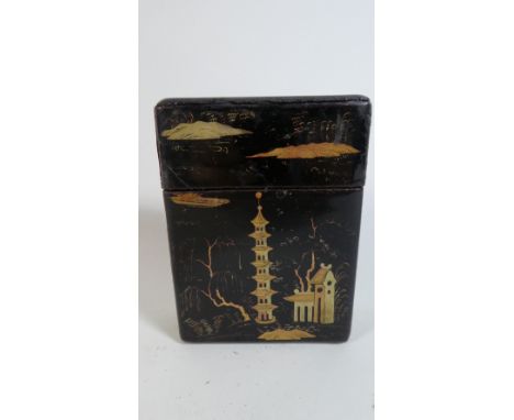 A 19th Century Chinese Export Lacquered Papier Mache Playing Card Case. 10x8x3cms