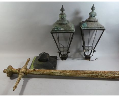 A Pair of 19th Century Street Lamps with Copper Tops (Wired for Electricity) Each102cm Tall, Together with Section of Lamp Po
