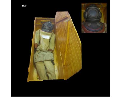 A Rare Siebe Gorman & Co LTD, Four Port Window, 12 Bolt Divers Helmet & Divers Suit With canvas belt, knife, and helmet spann