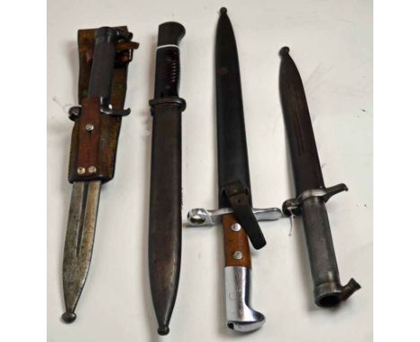 Four Swedish Bayonets i) M1896 with scabbard and leather frog ii) K98 Model with scabbard iii) M1896 with scabbard iv) Model 