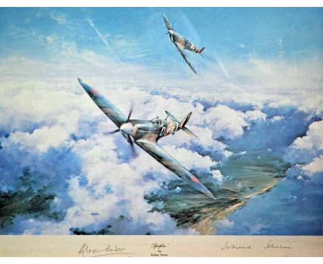 A Robert Taylor ‘Spitfire’ Framed Print, signed by Sir Douglas Bader & Johnnie Johnson 33 x 46.5cm (image) 