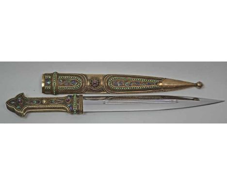 A Russian Cossack Kindja - Short Sword Dagger with Scabbard Silver mount with jewelled and enamel decoration Length: 46.5cm 