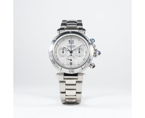 A GENTLEMAN'S STAINLESS STEEL CARTIER PASHA AUTOMATIC CHRONOGRAPH BRACELET WATCH CIRCA 2002, REF. 2113&nbsp;
D: Silver guillo