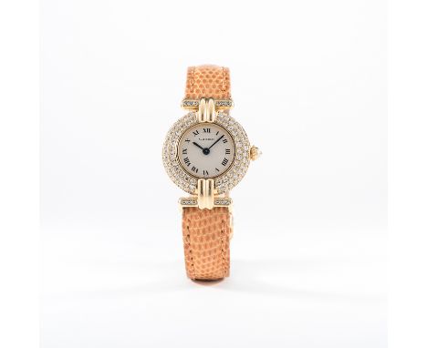 A LADIES 18K SOLID GOLD &amp; DIAMOND CARTIER WRIST WATCH CIRCA 1990s
D: Silver dial with black Roman numerals, secret signat