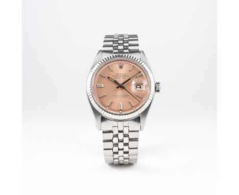A GENTLEMAN'S STEEL &amp; WHITE GOLD ROLEX OYSTER PERPETUAL DATEJUST BRACELET WATCH CIRCA 1960s, REF. 1601 
D: Salmon pink di