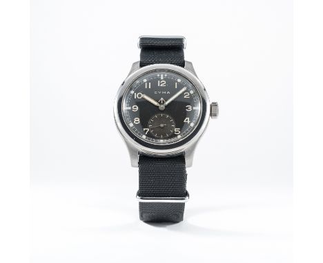 A GENTLEMAN'S STAINLESS STEEL BRITISH MILITARY W.W.W. CYMA WRIST WATCH CIRCA 1940s 
D: Black dial with Arabic numerals, lumin