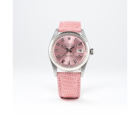 A GENTLEMAN'S STEEL &amp; WHITE GOLD ROLEX OYSTER PERPETUAL DATEJUST WRIST WATCH CIRCA 1971, REF. 1601 
D: Pink dial with fac