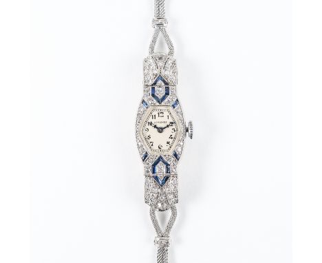 A FINE LADIES PLATINUM, SAPPHIRE &amp; DIAMOND LONGINES COCKTAIL BRACELET WATCH CIRCA 1920 
D: Silver dial with black Arabic 