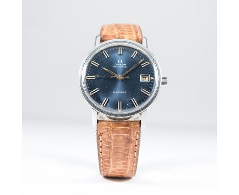 A GENTLEMAN'S STAINLESS STEEL OMEGA GENEVE AUTOMATIC WRIST WATCH CIRCA 1977, REF. 166.0202 
D: Blue dial with black&nbsp;inla