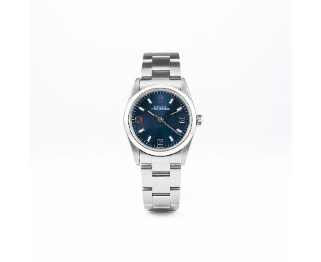 A MID SIZE STAINLESS STEEL ROLEX OYSTER PERPETUAL BRACELET WATCH DATED 1998, REF. 77080 
D: Blue dial with silver 3-6-9 Arabi