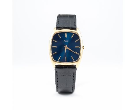 A GENTLEMAN'S 18K SOLID GOLD PIAGET WRIST WATCH CIRCA 1970s, REF. 9591
D: Blue sunburst dial with gold batons &amp; hands. M: