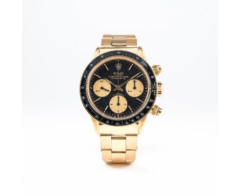 A RARE GENTLEMAN'S 18K SOLID GOLD ROLEX COSMOGRAPH DAYTONA&nbsp;BRACELET WATCH CIRCA 1971, REF. 6265 WITH 6263 BEZEL
D: Black