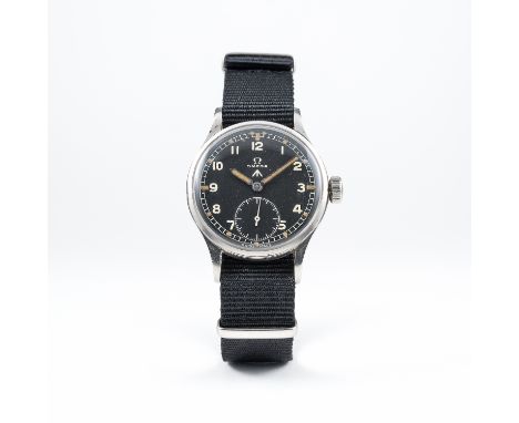 A GENTLEMAN'S STAINLESS STEEL BRITISH MILITARY W.W.W. OMEGA WRIST WATCH CIRCA 1944
D: Black dial with Arabic numerals &amp; l