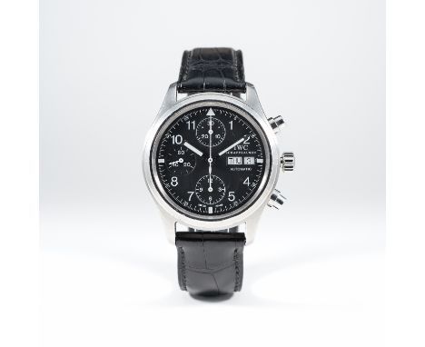 A GENTLEMAN'S STAINLESS STEEL IWC DER FLIEGER CHRONOGRAPH WRIST WATCH CIRCA 1990s 
D: Black dial with Arabic numerals &amp; q