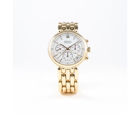 A GENTLEMAN'S 18K SOLID GOLD ZENITH AUTOMATIC CHRONOGRAPH BRACELET WATCH CIRCA 1990s, REF. 06-0023&nbsp;
D: White dial with g