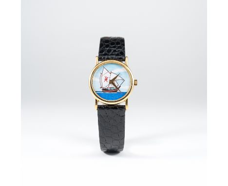 A RARE 18K SOLID GOLD CHOPARD WRIST WATCH CIRCA 1990s RETAILED BY KUTCHINSKY 
D: Painted porcelain dial depicting a ship scen