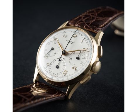 A RARE GENTLEMAN'S 18K SOLID GOLD UNIVERSAL GENEVE COMPAX CHRONOGRAPH WRIST WATCH CIRCA 1950, REF.&nbsp;12494
D: Silver dial 