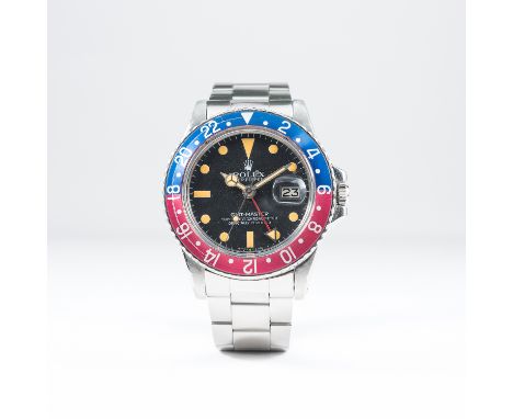 A GENTLEMAN'S STAINLESS STEEL ROLEX OYSTER PERPETUAL DATE GMT MASTER BRACELET WATCH CIRCA 1978, REF. 1675 &nbsp;D: Matte blac