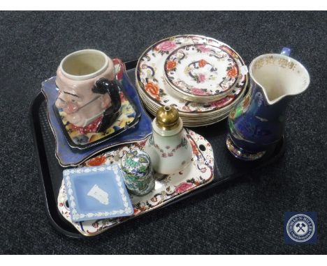 A tray of eleven Masons Mandalay tea and dinner plates, Crown Devon Fieldings lustre jug, Royal Doulton dish, Mr Pickwick cha