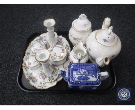 A tray of Maling blue and white tea service, five-piece trinket set on tray, antique floral and gilded jug etc 