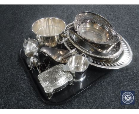 A tray of assorted plated wares : trays, serving dishes, milk jug, sugar basin, ice bucket etc 