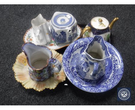 A tray of Victorian and later china, Gibson &amp; Sons gilded teapot on stand, blue and white hexagonal teapot, Masons jug, S