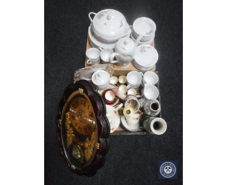A tray of Japanese Anatole dinner ware and a box of pair of Japanese crackle glazed vases (a/f), Jean Kent coffee cans and sa