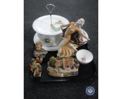 A tray of Royal Doulton comport, Royal Worcester oven dish, two Goebel figures, Art Deco pottery figure etc 