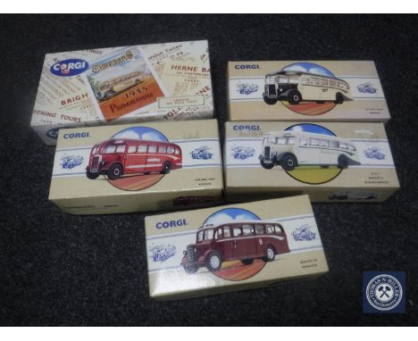 A boxed Corgi Timson classic bus and four further boxed Corgi Classic commercial transport vehicles 