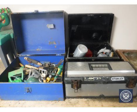 A Stanley tool box, two boxes of hand tools, gardening tools, compressor sprayer attachments 