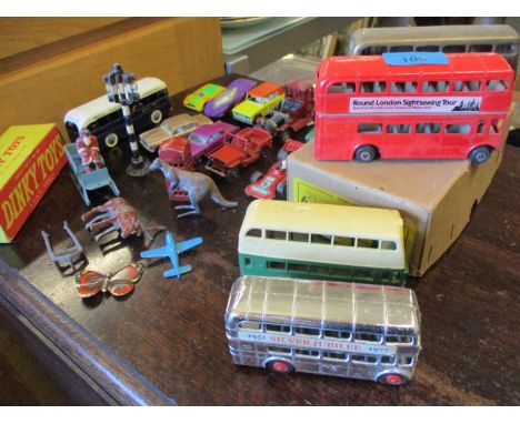 A small collection of retro and lead vehicles and models to include a BOAC Corgi bus with original box 