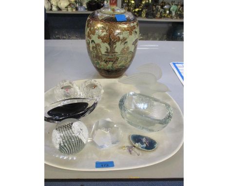A large Poole platter, mixed glassware to include a Caithness paperweight together with a reproduction Satsuma style pot and 