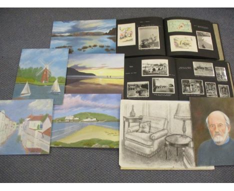 Mid 20th century tourist and travel European photos, together with oils on board of holiday scenes, circa 1990s and a portrai