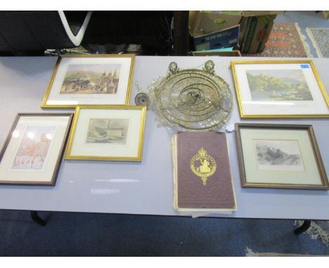 A lot to include gilt metal and glass bag light, various framed and glazed prints and The National Encyclopaedia Atlas A/F 