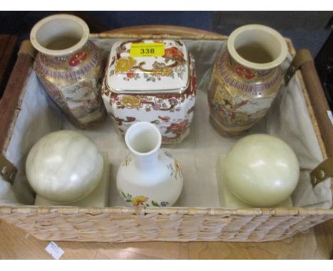 A pair of 19th century Satsuma vases, a Masons Ironstone caddy, an Aynsley vase and other items 