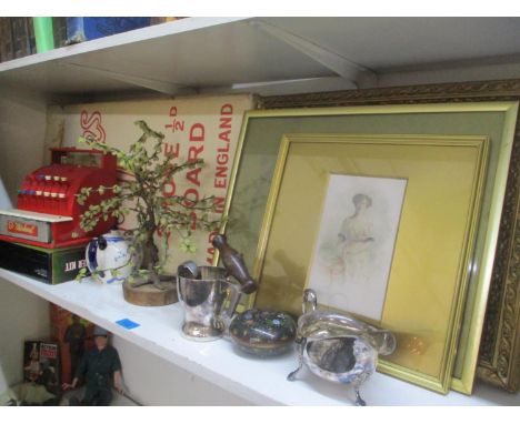 A mixed lot to include silver plate, a child's metal shop till, a Jacques shove ha'penny board, a model Bonsai tree and other